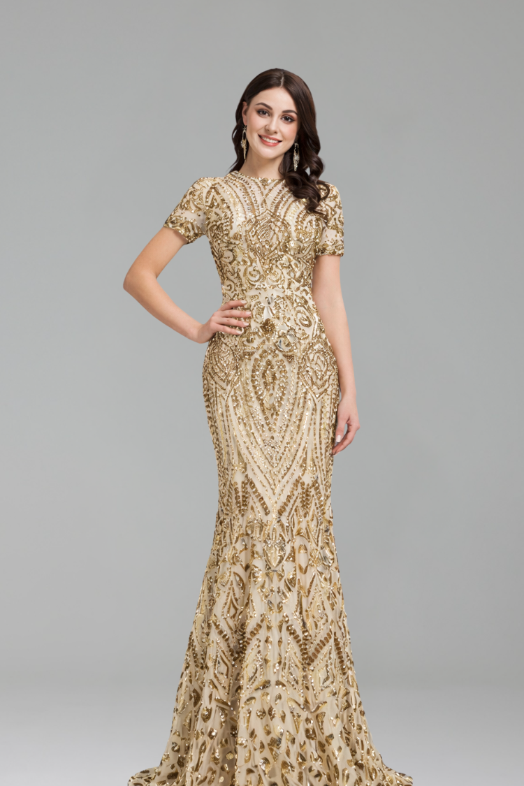 Short Sleeve Embellished Mermaid Gown - LAROSABRIDE