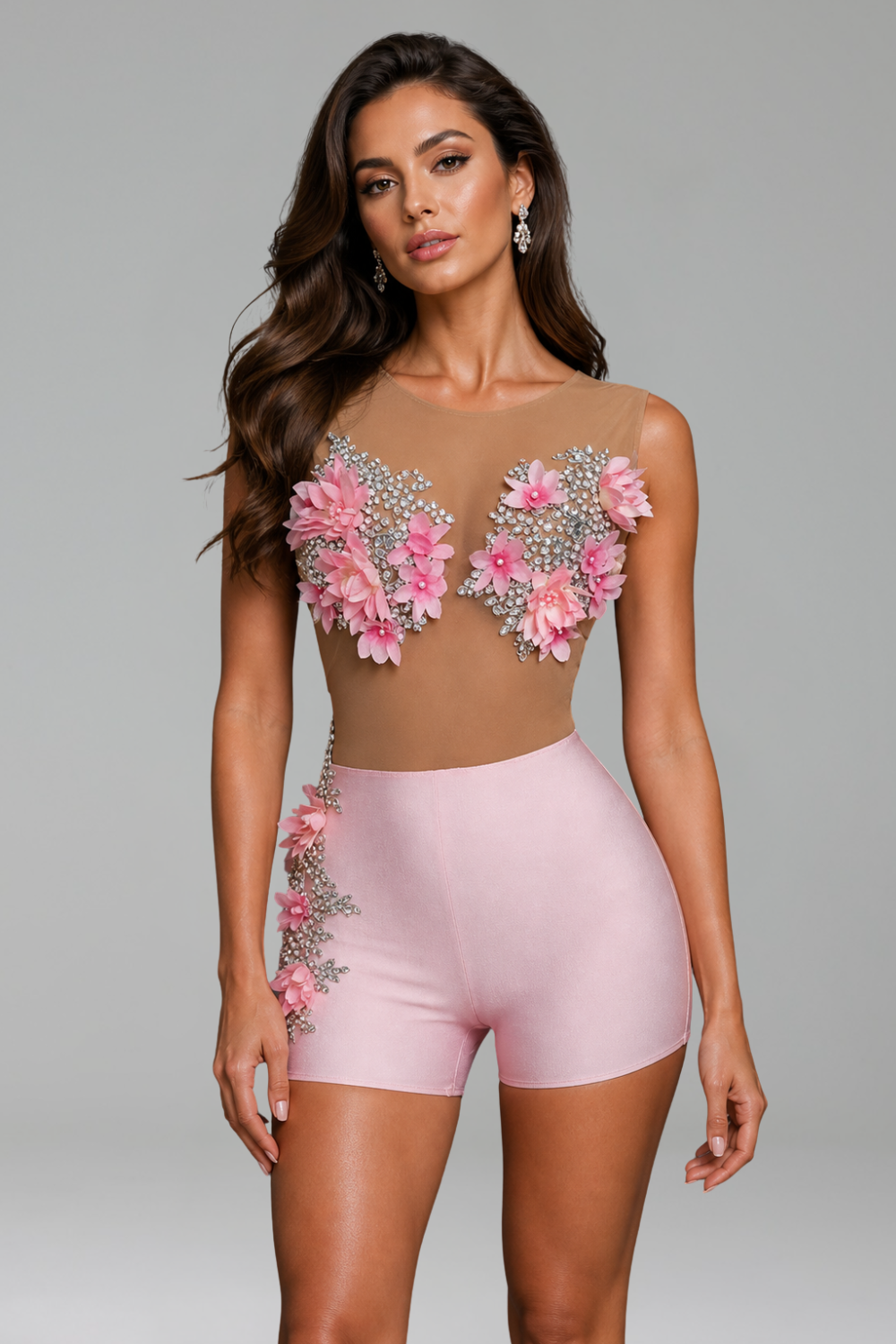 Floral Embellished Illusion Romper - LAROSABRIDE