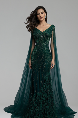 Beaded Feather Mermaid Cape Gown