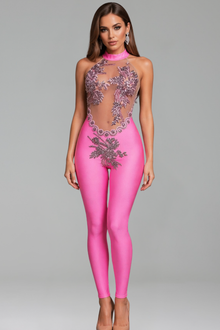 Sheer Panel Embellished Jumpsuit - LAROSABRIDE