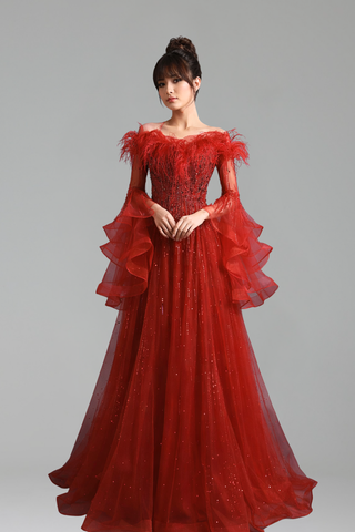 A-Line Beaded Bodice Puffy Long Sleeves