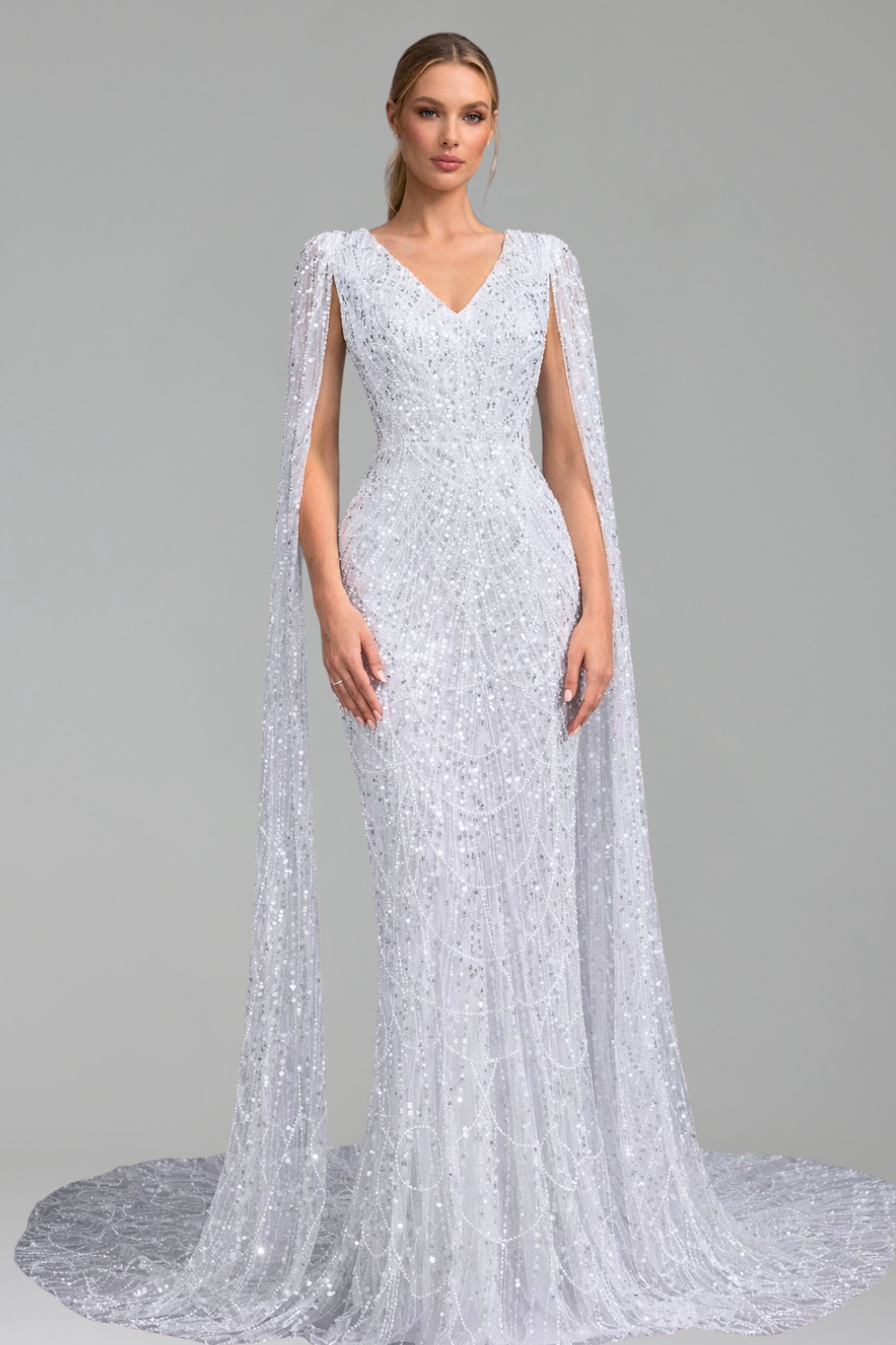 Pearl Beaded Cape Sleeve Dress - LAROSABRIDE