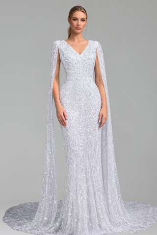 Pearl Beaded Cape Sleeve Dress - LAROSABRIDE