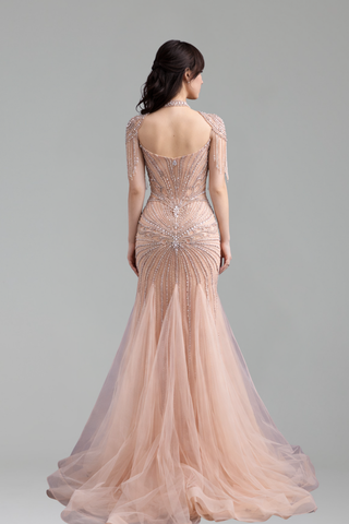Beaded Dress with Tassel Cape - LAROSABRIDE