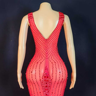 Red Sequin Bodycon Evening Gown – Sleeveless Sheer Mesh Formal Dress