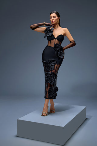 Black Sheer Illusion Gown with Oversized Satin Bow Accents – Haute Couture 2025 Showpiece
