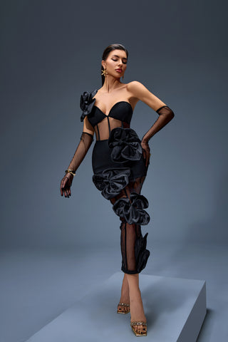 Black Sheer Illusion Gown with Oversized Satin Bow Accents – Haute Couture 2025 Showpiece