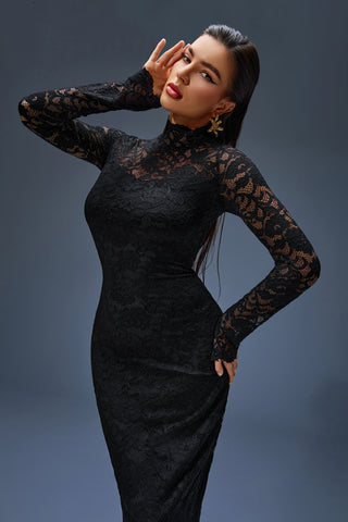 Elegant Black Lace Long-Sleeve Gown with High Neck – Timeless 2025 Evening Design