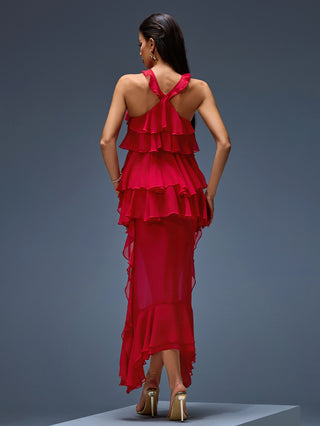 Elegant Red Layered Ruffle Chiffon Evening Dress with Halter Neck – 2025 Collection