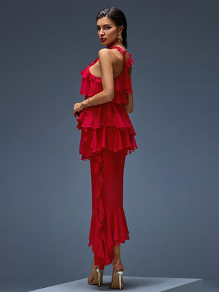 Elegant Red Layered Ruffle Chiffon Evening Dress with Halter Neck – 2025 Collection