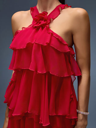 Elegant Red Layered Ruffle Chiffon Evening Dress with Halter Neck – 2025 Collection