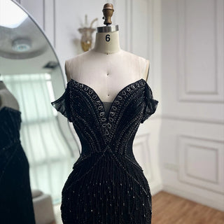 Ships in 2 to 5 Days -2025 Custom Saudi-Style Off-Shoulder Beaded Nude Tulle Mermaid Evening Dress – Formal Occasion Gown