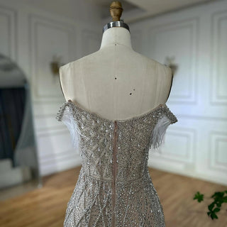 Ships in 2 to 5 Days -2025 Custom Nude Beaded Mermaid Evening Dress – Formal Gown with Feathered Details