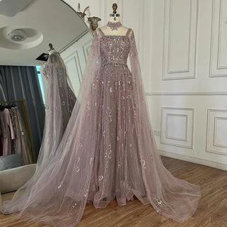 2025 Arabic Nude A-Line Cape Sleeve Crystal Beaded Saudi Evening Dresses Gowns for Formal Occasions