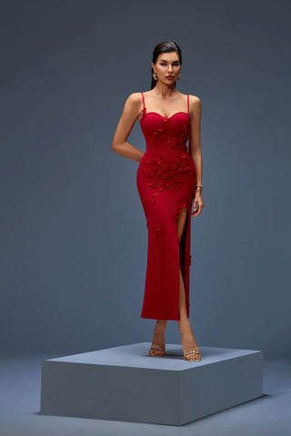 Red Spaghetti Strap Midi Dress with 3D Floral Appliqués & Side Slit – Elegant 2025 Evening Look