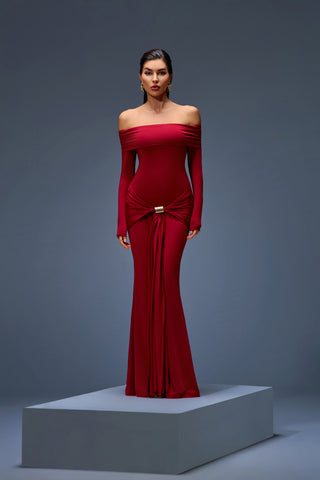 Off-Shoulder Red Draped Gown with Gold Accent Knot – Timeless 2025 Luxury Design