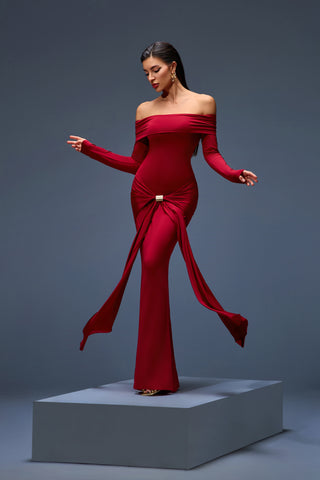 Off-Shoulder Red Draped Gown with Gold Accent Knot – Timeless 2025 Luxury Design