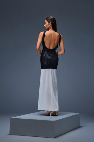 Black Sequin & White Pleated Contrast Maxi Dress – Modern Evening Elegance 2025