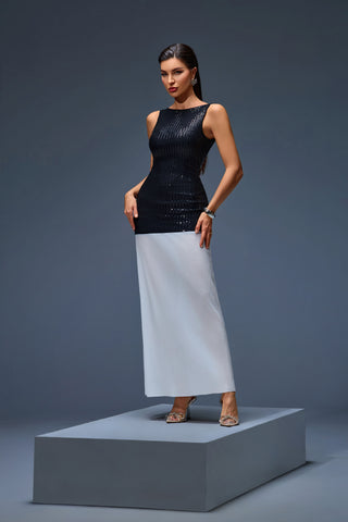 Black Sequin & White Pleated Contrast Maxi Dress – Modern Evening Elegance 2025