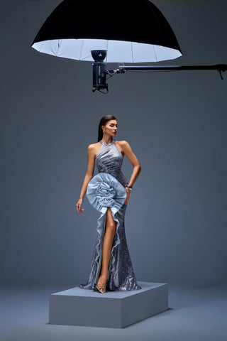 Silver Sequin Halter Gown with Sculpted Rosette Draping – Haute Couture 2025 Showstopper