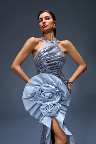 Silver Sequin Halter Gown with Sculpted Rosette Draping – Haute Couture 2025 Showstopper