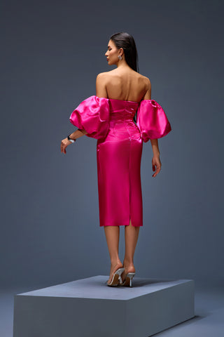 Off-Shoulder Fuchsia Satin Midi Dress with Dramatic Puff Sleeves – Bold 2025 Statement Look