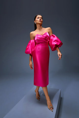 Off-Shoulder Fuchsia Satin Midi Dress with Dramatic Puff Sleeves – Bold 2025 Statement Look