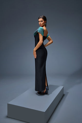 Off-Shoulder Black Gown with Gradient Beaded Cape & Sculpted Bodice – Luxury 2025 Evening Elegance