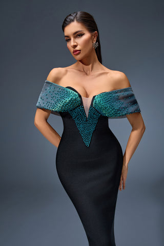 Off-Shoulder Black Gown with Gradient Beaded Cape & Sculpted Bodice – Luxury 2025 Evening Elegance