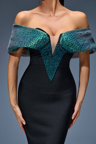 Off-Shoulder Black Gown with Gradient Beaded Cape & Sculpted Bodice – Luxury 2025 Evening Elegance
