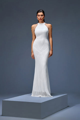 White High-Neck Beaded Gown with Draped Shoulder Chains – Glamorous 2025 Red Carpet Look