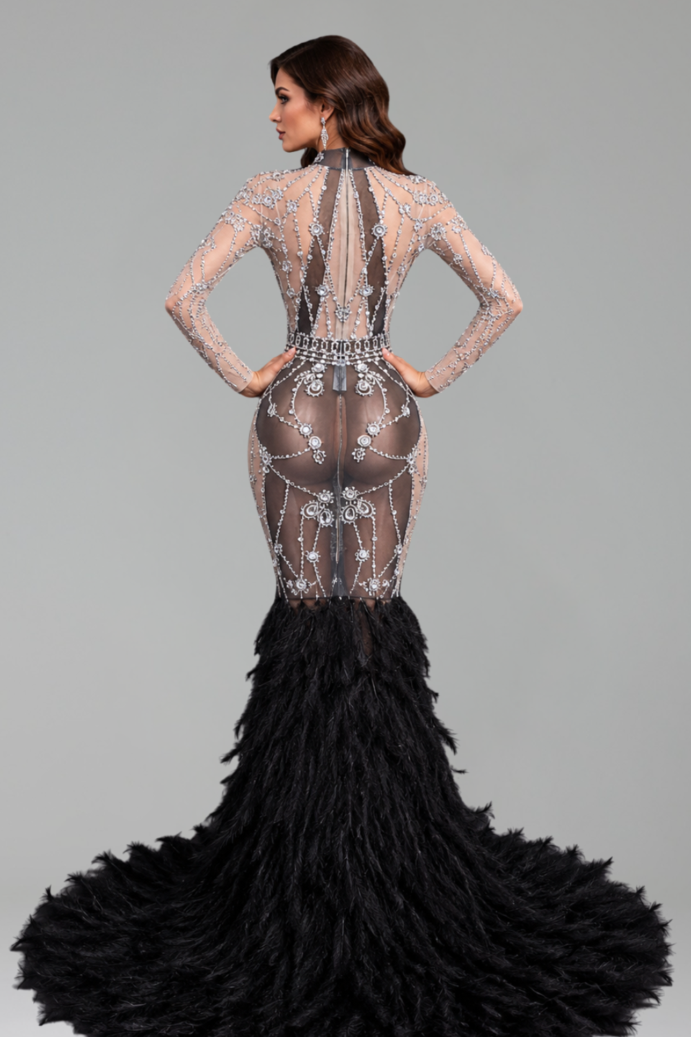 Crystal Embellished Feather Train Gown - LAROSABRIDE