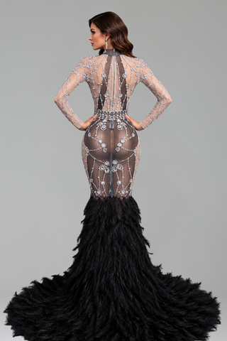 Crystal Embellished Feather Train Gown