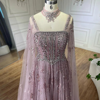 2025 Arabic Nude A-Line Cape Sleeve Crystal Beaded Saudi Evening Dresses Gowns for Formal Occasions