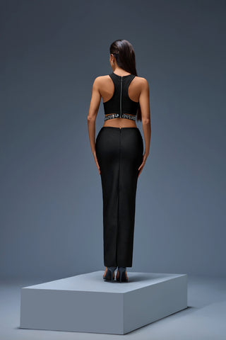 Luxury Two-Piece Black Evening Gown with Crystal Embellished Crop Top – 2025 Design