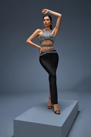 Luxury Two-Piece Black Evening Gown with Crystal Embellished Crop Top – 2025 Design