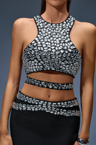 Luxury Two-Piece Black Evening Gown with Crystal Embellished Crop Top – 2025 Design