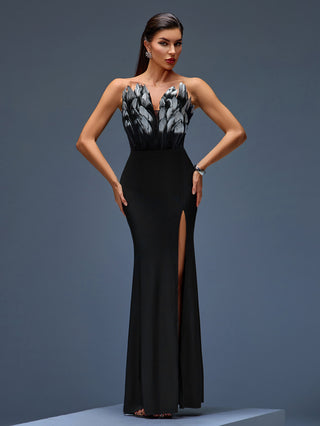 Strapless Black Evening Gown with Dramatic Feather Bodice & High Slit – 2025 Exclusive Design