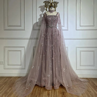 2025 Arabic Nude A-Line Cape Sleeve Crystal Beaded Saudi Evening Dresses Gowns for Formal Occasions