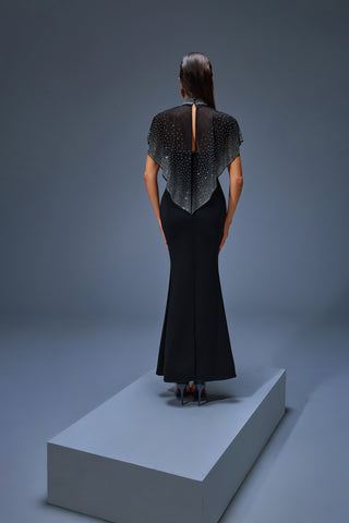 Black High-Neck Mermaid Gown with Sheer Crystal-Dotted Cape – Classic Glamour 2025 Design