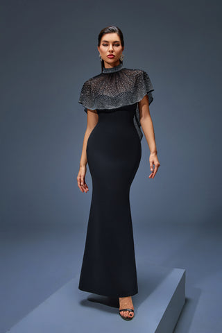Black High-Neck Mermaid Gown with Sheer Crystal-Dotted Cape – Classic Glamour 2025 Design