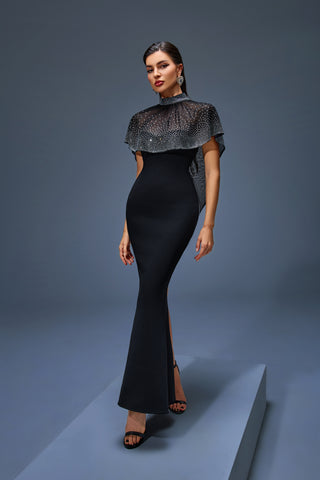 Black High-Neck Mermaid Gown with Sheer Crystal-Dotted Cape – Classic Glamour 2025 Design