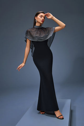 Black High-Neck Mermaid Gown with Sheer Crystal-Dotted Cape – Classic Glamour 2025 Design