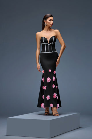 Elegant Strapless Mermaid Evening Dress with Floral 3D Appliqués – 2025 Couture