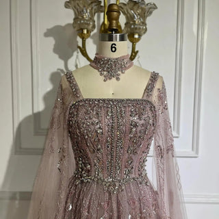 2025 Arabic Nude A-Line Cape Sleeve Crystal Beaded Saudi Evening Dresses Gowns for Formal Occasions