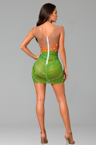 Crystal Fringe Colorblock Mini Dress