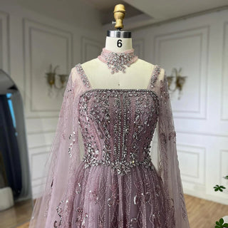 2025 Arabic Nude A-Line Cape Sleeve Crystal Beaded Saudi Evening Dresses Gowns for Formal Occasions