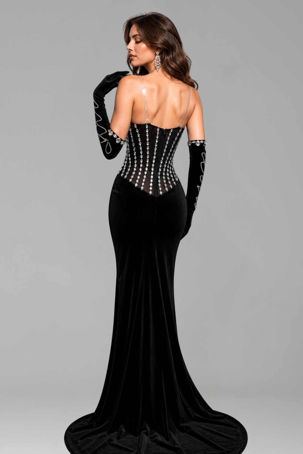 Crystal Corset Velvet Slit Gown - LAROSABRIDE