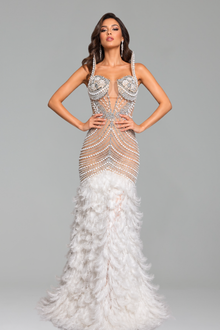 Beaded Corset Feather Mermaid Gown - LAROSABRIDE