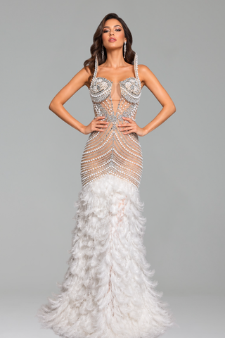 Beaded Corset Feather Mermaid Gown - LAROSABRIDE